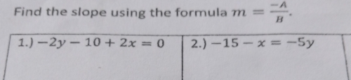 Find the slope using the formula m= (-A)/B .