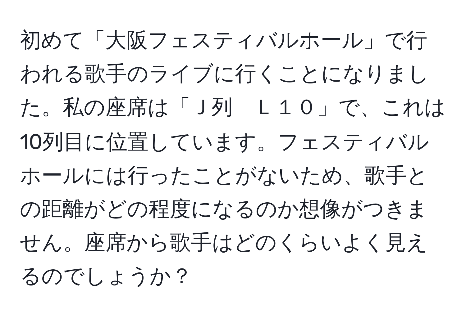 初めて「大阪フェスティバルホール」で行われる歌手のライブに行くことになりました。私の座席は「Ｊ列　Ｌ１０」で、これは10列目に位置しています。フェスティバルホールには行ったことがないため、歌手との距離がどの程度になるのか想像がつきません。座席から歌手はどのくらいよく見えるのでしょうか？