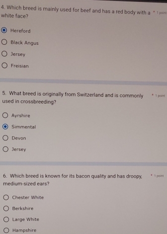 Which breed is mainly used for beef and has a red body with a “ 1 poin
white face?
Hereford
Black Angus
Jersey
Freisian
5. What breed is originally from Switzerland and is commonly 1 point
used in crossbreeding?
Ayrshire
Simmental
Devon
Jersey
6. Which breed is known for its bacon quality and has droopy, 1 point
medium-sized ears?
Chester White
Berkshire
Large White
Hampshire