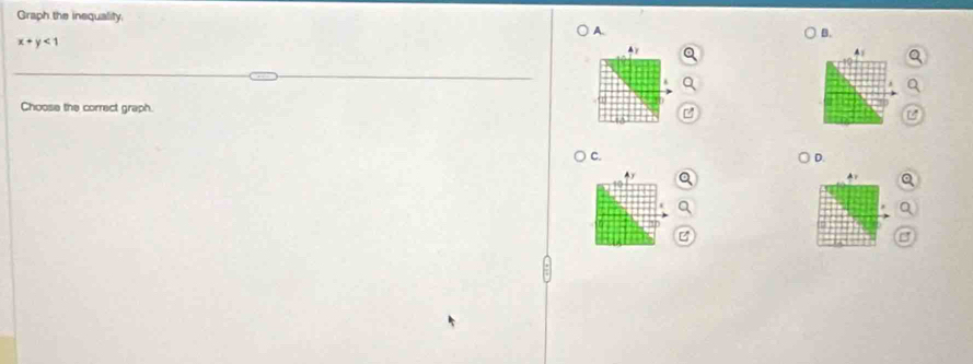 Graph the inequality, 
A. 
B.
x+y<1</tex> 
Choose the correct graph. U 
C. D.
1
B