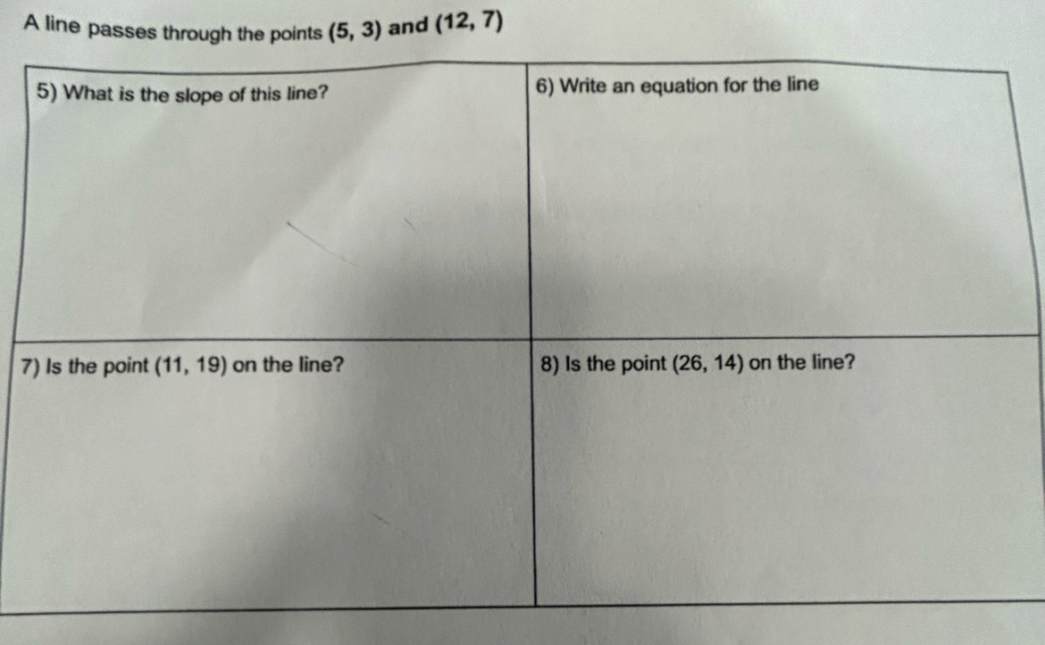 A line passes through the points (5,3) and (12,7)
7