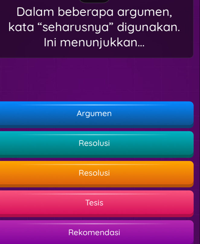 Dalam beberapa argumen,
kata “seharusnya” digunakan.
Ini menunjukkan...
Argumen
Resolusi
Resolusi
Tesis
Rekomendasi