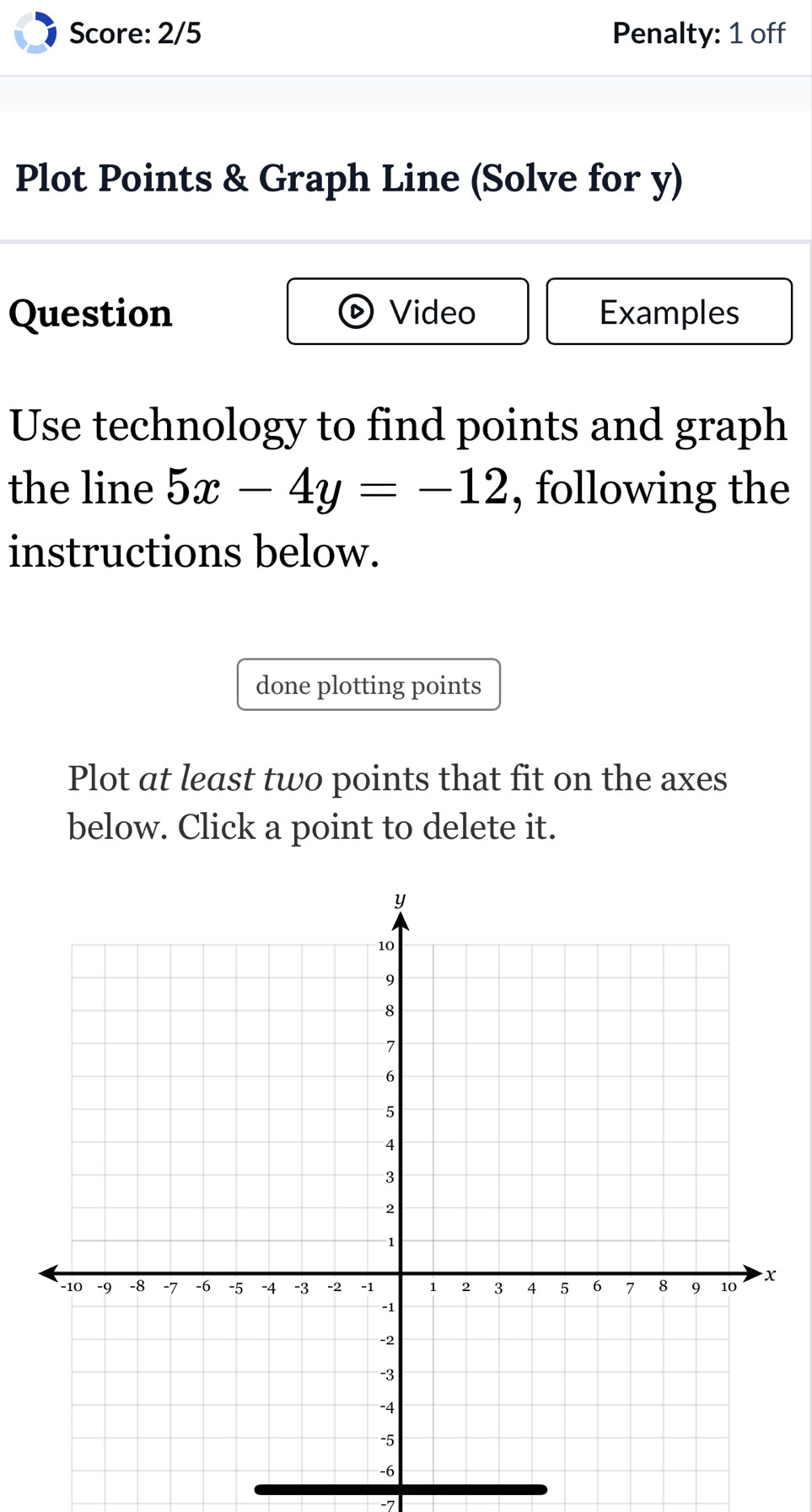 Score: 2/5 Penalty: 1 off 
Plot Points & Graph Line (Solve for y) 
Question Video Examples 
Use technology to find points and graph 
the line 5x-4y=-12 , following the 
instructions below. 
done plotting points 
Plot at least two points that fit on the axes 
below. Click a point to delete it.
-7