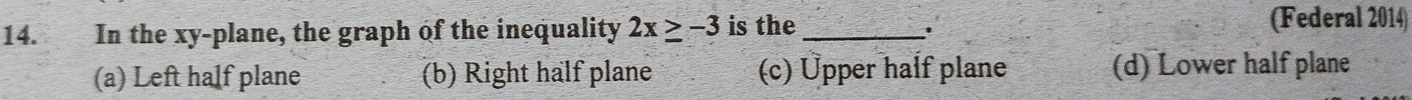 In the xy -plane, the graph of the inequality 2x≥ -3 is the_
(Federal 2014)
(a) Left half plane (b) Right half plane (c) Üpper half plane (d) Lower half plane