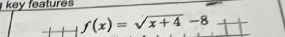 key features
f(x)=sqrt(x+4)-8