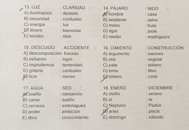 LUZ : CLARIDAD :: 14. PÁJARO : NIDO
A) iluminación : destello A) hombre : casa
B) oscuridad : confusión B) serpiente : selva
C) energia : luz C) mono : fruta
D) dinero : bienestar D) tigre : jaula
E) lucidez : idea E) roedor : madriguera
15. DESCUIDO : ACCIDENTE :: 16. CIMIENTO : CONSTRUCCIÓN
A) descomposición: fracaso A) argumento : razones
B) esfuerzo : logro B) raíz ; vegetal
C) imprudencia : temeridad C) pata : tablero
D) griterio : confusión D) lomo : libro
E licor : mareo El sótano : casa
17. AGUA : SED :: 18. ENERO : DICIEMBRE ::
A) sueño : cansancio A) otoño : verano
B) cama : sueño B) si : re
C) cerveza : embriaguez C) Neptuno : Plutón
D) poder : ambición D)aries : piscis
E) libro : conocimiento E) domingo : sábado