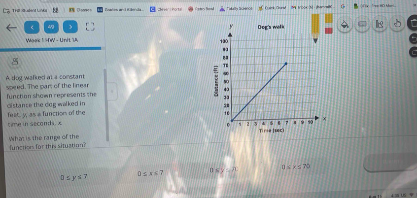 THS Student Links Classes Grades and Attenda. Clever | Portal Retro Bowl Totally Science Quick, Draw! Mi Inbox (6) - jhamm80 G BFllix - Free HD Movi....
< 49 > 
7 I
Week 1 HW - Unit 1A
A dog walked at a constant 
speed. The part of the linear 
function shown represents the
distance the dog walked in
feet, y, as a function of the 
time in seconds, x. 
Time (sec)
What is the range of the
function for this situation?
0≤ y≤ 7 0≤ x≤ 7 0≤ y≤ 70 0≤ x≤ 70
Aua 16 4:35 US