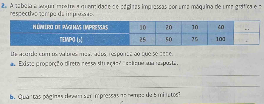 A tabela a seguir mostra a quantidade de páginas impressas por uma máquina de uma gráfica e o 
respectivo tempo de impressão. 
De acordo com os valores mostrados, responda ao que se pede. 
a Existe proporção direta nessa situação? Explique sua resposta. 
_ 
_ 
b. Quantas páginas devem ser impressas no tempo de 5 minutos?