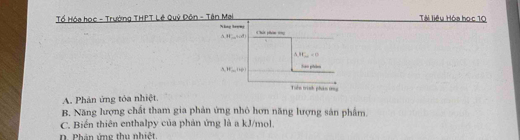 Tổ Hóa học - Trường THPT Lê Quý Đôn - Tân Mai Tài liêu Hóa học 10
Năng hượng
△ , H_200(cd) Chát phán tng
△ _1H_2<0 
△ _yH_m(sp)
San phẩm
Tiền trình phản ứng
A. Phản ứng tỏa nhiệt.
B. Năng lượng chất tham gia phản ứng nhỏ hơn năng lượng sản phẩm.
C. Biến thiên enthalpy của phản ứng là a kJ/mol.
D. Phân ứng thu nhiệt.