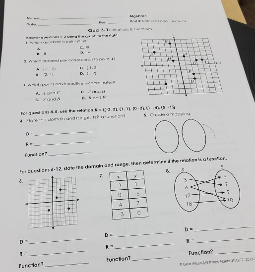 Name:_ Algebra
Dsa the : _Phent: _ nit 3: Relations and Functions
Quiz 3-1: Relations & Functions
Answer questions 1-3 using the graph to the right.
1. Which quadrant is point Fin'
A. 1 C. ≡
B. Ⅱ D. IV
2. Which ordered pair corresponds to point 1?
A. (-1,-2) C. (-1,2)
B. (2,1) D. (1,2)
3. Which points have positive y-coordinates?
A. A and F C. F and H
B. A and B D. B and F
For questions 4-5, use the relation R= (-3,3),(1,1),(0· 2),(1,-4),(5,-1)
4. State the domain and range. Is it a function? 5. Create a mapping
D=
_
R=
_
Function?
_
For questions 6-12, state the domain and range, then determine if the relation is a function.
8
7. 
6

D=
_
D=
_
D=
_
_
R=
_
R=
R=
Function? _Function? _Function?_
@ Gina Wilson (All Things Algebra®, Li.C). 2012