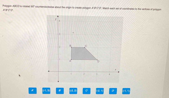 Polygon ABCD is rotated 90° counterclockwise about the origin to create polygon A'B'C'D'. Match each set of coordinates to the vertices of polygon
A'B'C'D'.
A' (-1,3) B' (-2,2) C' (-2, 1) D (-1,1)