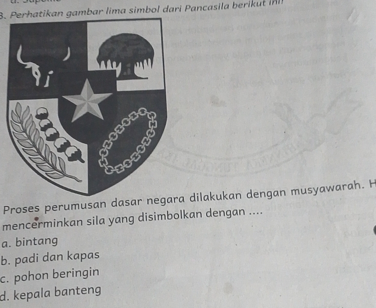 Perh atikan gambar lima simbol dari ancasila beri 
Proses perumusan dasar negara dilakukan dengan musyawarah. H
mencerminkan sila yang disimbolkan dengan ....
a. bintang
b. padi dan kapas
c. pohon beringin
d. kepala banteng