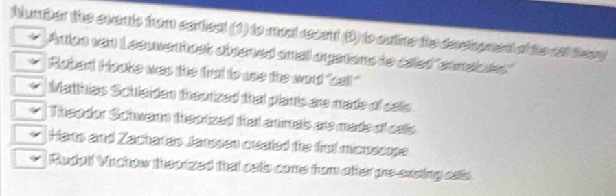 Number the events from satica! (1) to msl recent (D) to ontine the devcopnent of the asl tesy 
* 'Arion van Lesuwentosk obsened small orgarsns te caled "snmaloue" 
* Robert Hooke was the that to uss the wor "cal!" 
Matthias Sculeiden theorized that plants are made of cals 
Theodor Sctwern theorzed that anmals are made of cals. 
Hans and Zachartas Janssen ceated the first micnsscope. 
* Rudolf Vrchow theorzed that cells come from other pre exsting csls