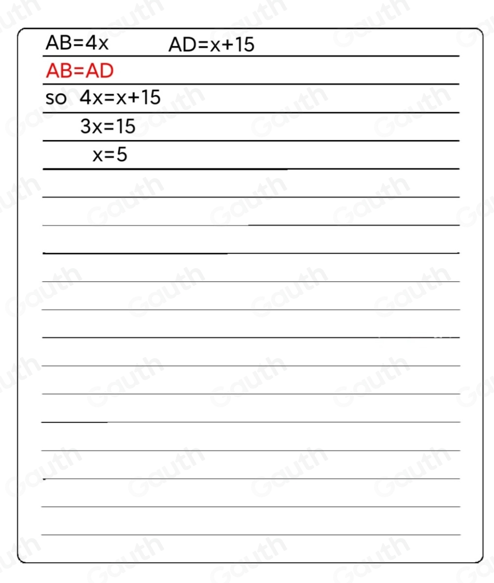 Solved: Figure ABCD is a kite. Find the value of x. AB=4x AD=x+15 Enter ...