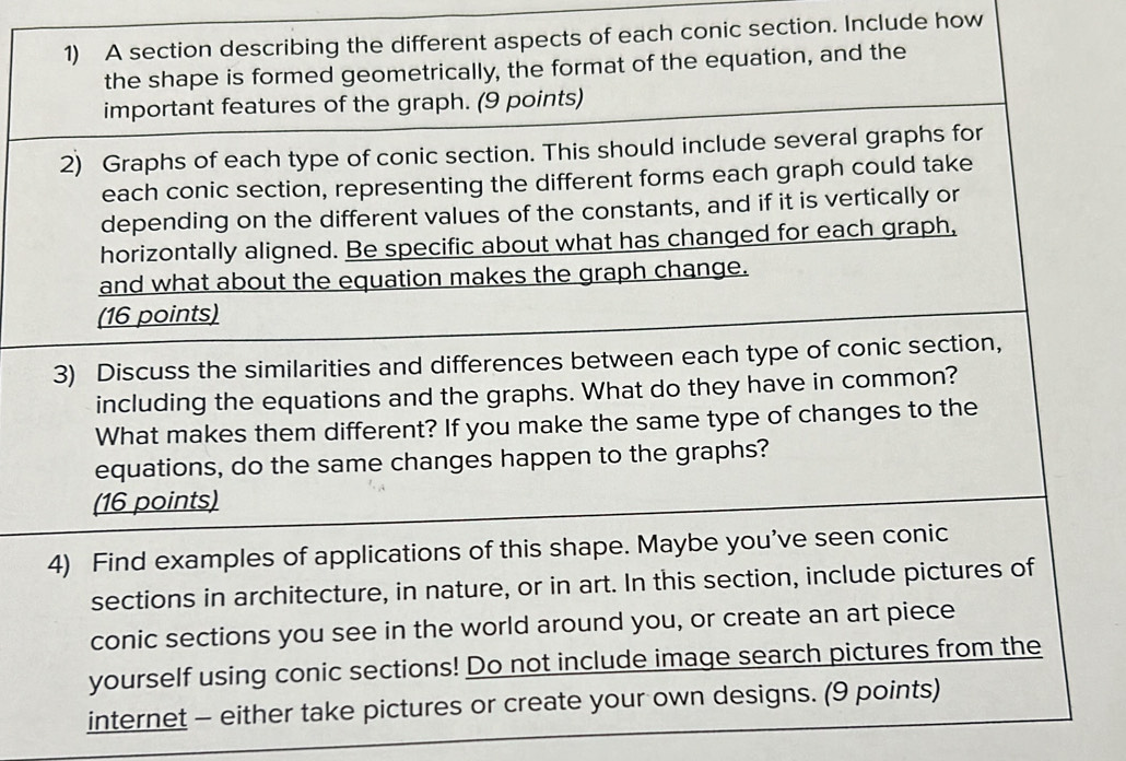 ts of each conic section. Include how