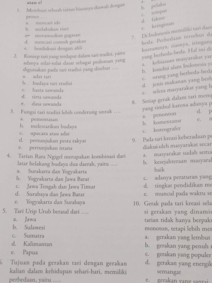 atau e!
1. Membuat sebuah tärian biasanya diawali dengan b， pelaku a。
c. tempat
proses …
a. mencari ide
d. faktor
b. melakukan riser
e. keinginan
e merumuskan gagasan
7. Di Indonesia memiliki tari daer
d. mencari contoh gerakan
beda. Perbedaan tersebut d
e. berdiskusi dengan ahli
kostumnya, riasnya, iringany
yang berbeda-beda. Hal ini di
2. Konsep tari yang terdapat dalam tari tradisi, yaitu
a. kebiasaan masyarakat yar
adanya nilai-nilai dasar sebagai pedoman yang
digunakan pada tari tradisi yang disebut …
b. kondisi alam Indonesia ya
a. adat tari
c. orang yang berbeda-beda
b. budaya tari tradisi
d. jenis makanan yang berb
c. hasta sawanda
e. selera masyarakat yang b
d. tirta sawanda
e. dasa sawanda
8. Setiap gerak dalam tari mem
3. Fungsi tari tradisi lebih cenderung untuk … yang timbul karena adanya p
d. p
a. penonton
a. pementasan e. n
b. komentator
b. melestarikan budaya
c. upacara atau adat
c. koreografer
d. pertunjukan pesta rakyat
9. Pada tari kreasi keberadaan pe
e. pertunjukan istana
diakui oleh masyarakat secar
4. Tarian Rara Ngigel merupakan kombinasi dari a. masyarakat sudah sema
latar belakang budaya dua daerah, yaitu … b. kesejahteraan masyaral
a. Surakarta dan Yogyakarta baik
b. Yogyakarta dan Jawa Barat c. adanya peraturan yang
c. Jawa Tengah dan Jawa Timur d. tingkat pendidikan m
d. Surabaya dan Jawa Barat e. muncul pada waktu se
e. Yogyakarta dan Surabaya 10. Gerak pada tari kreasi sela
5. Tari Urip Urub berasal dari … si gerakan yang dinamis
a. Jawa tarian tidak hanya berpak
b. Sulawesi monoton, tetapi lebih me
c. Sumatra a. gerakan yang lembut
d. Kalimantan b. gerakan yang penuh
e. Papua c. gerakan yang populer
5. Tujuan pada gerakan tari dengan gerakan d. gerakan yang energik
kalian dalam kehidupan sehari-hari, memiliki semangat
perbedaan, yaitu … e. gerakan vang santai