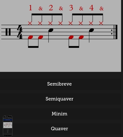 Semibreve
Semiquaver
Minim
Quaver