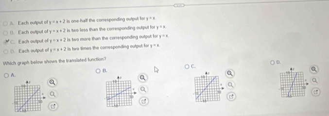 A. Each output of y=x+2 is one-half the corresponding output for y=x
B. Each output of y=x+2 is two less than the corresponding output for y=x
C. Each output of y=x+2 is two more than the corresponding output for y=x
D. Each output of y=x+2 is two times the corresponding output for y=x
Which graph below shows the translated function?
D.
C.
B.
A
A.
10
10
- ∞0 10
30

10