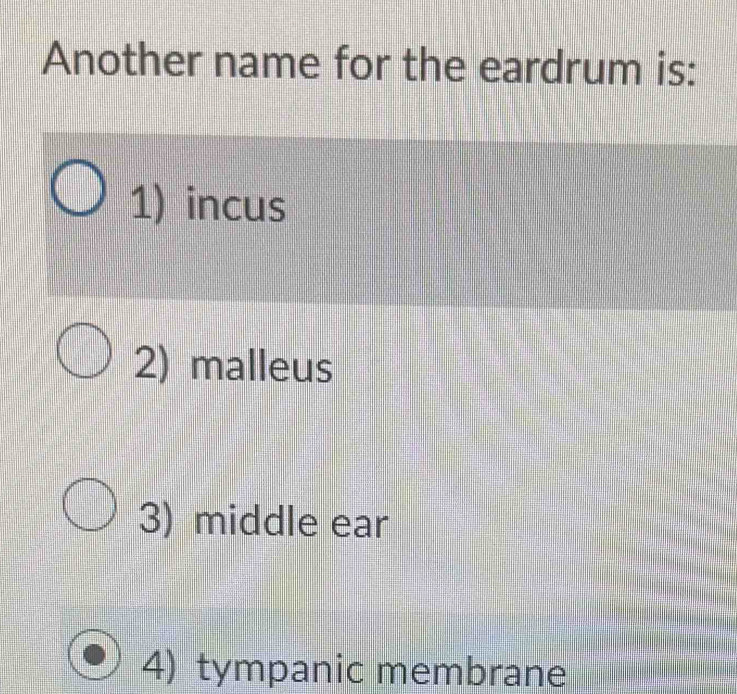 Another name for the eardrum is:
1) incus
2) malleus
3) middle ear
4) tympanic membrane