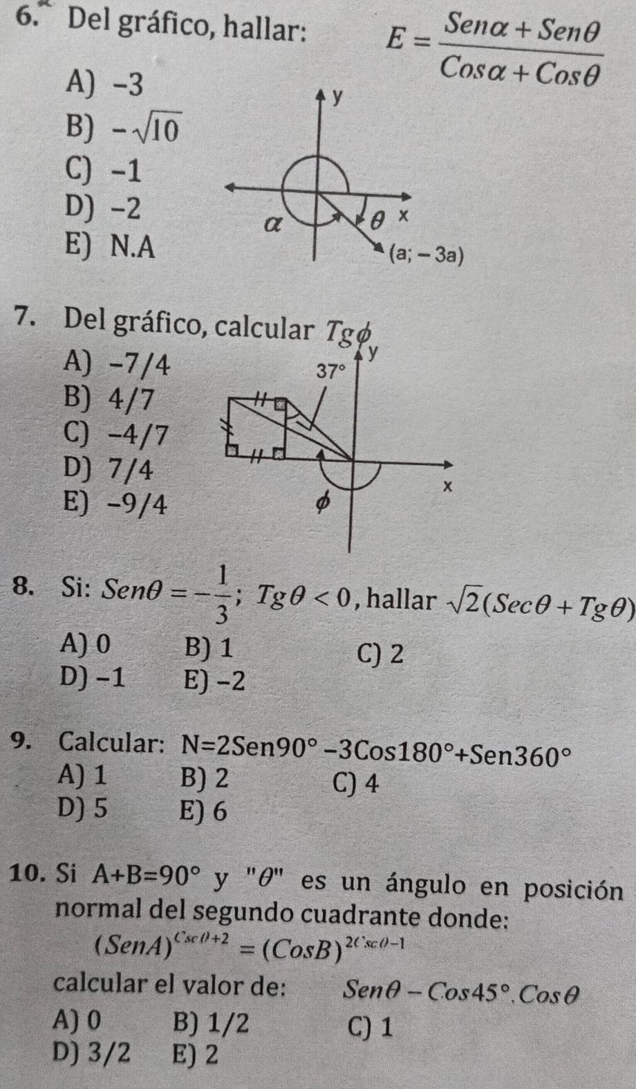 Del gráfico, hallar: E= (Senalpha +Senθ )/Cosalpha +Cosθ  
A) -3
B) -sqrt(10)
C) -1
D) -2
E) N.A
7. Del gráfico, calcular Tgφ
A) -7/4
y
37°
B) 4/7
C) -4/7
D) 7/4
E) -9/4 φ
x
8. Si: Senθ =- 1/3 ;Tgθ <0</tex> , hallar sqrt(2)(Secθ +Tgθ )
A) 0 B) 1
C) 2
D) -1 E) -2
9. Calcular: N=2Sen90°-3Cos180°+Sen360°
A) 1 B) 2 C) 4
D) 5 E) 6
10. Si A+B=90° y 'θ" es un ángulo en posición
normal del segundo cuadrante donde:
(SenA)^Csct)+2=(CosB)^2Cscθ -1
calcular el valor de: Senθ -Cos45°.Cosθ
A) 0 B) 1/2 C) 1
D) 3/2 E) 2