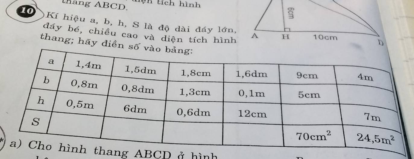 hệh tích hình
thang ABCD.
10  Kí hiệu a, b, h, S là độ dài đáy lớn,
đáy bé, chiều cao và diện tích hình
thang; hãy điền số 
ABCD ở hình