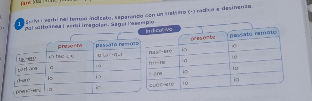 fare (dai latino 
1 Scrivi i verbi nel tempo indicato, separando con un trattino (-) radice e desinenza. 
Poi sottolinea i verbi irregolari. Segui l’esempio.