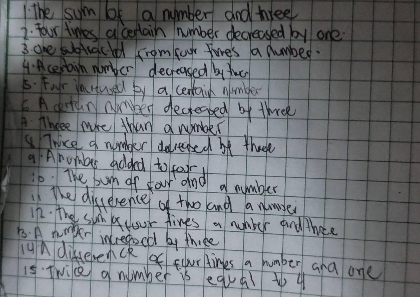 the sum bof a number and three 
2. four times alceptain number decreased by one 
3. ohe subtiactd from four ties a dumbed. 
4. A cerain number decreased bytuc 
5. Four intused by a centain wombler 
C Acrtun noryber decreabed by three 
AThree more than a number 
Twice a nimbler decregsed be thege 
the difcerence of the and a nmser 
12. The sum pyour flives a number and thee 
B. A numper intregoed by thike 
4A difference of four times a number ara one 
1s twice a number is equql to 4