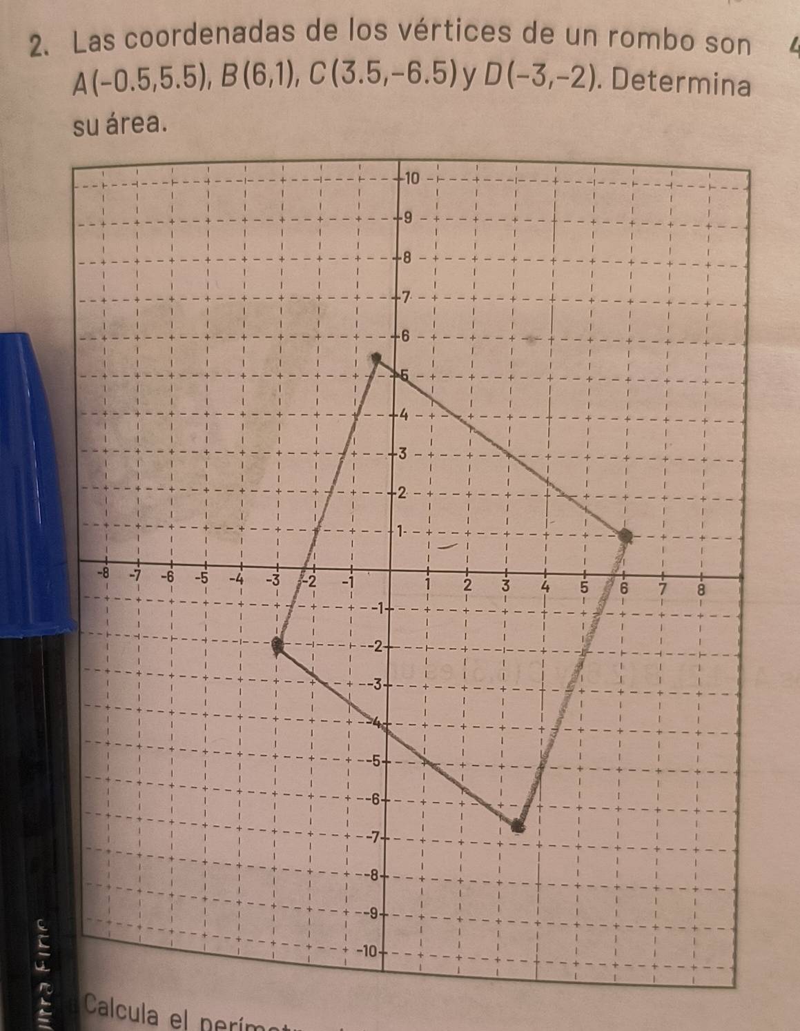 Las coordenadas de los vértices de un rombo son L
A(-0.5,5.5), B(6,1), C(3.5,-6.5) D(-3,-2). Determina 
Calcula el perímo