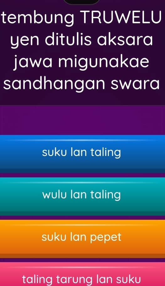 tembung TRUWELU
yen ditulis aksara
jawa migunakae
sandhangan swara
suku lan taling
wulu lan taling
suku Ian pepet
taling tarung lan suku