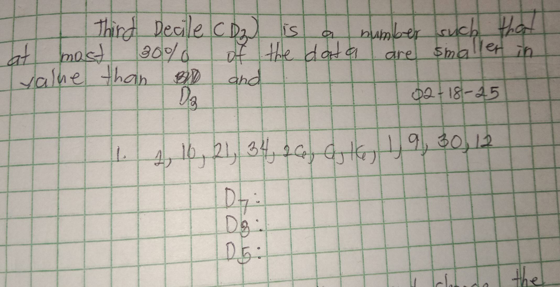 Third Decile CD_3) is a number such tha
aat most 80% d of the daa are smaller in
valhel than and
Do
02-18-25
1. 4, 10, 2 34 2 ( 4.1) 19630 14
Db:
Dg:
D5:
L1. 1. . the