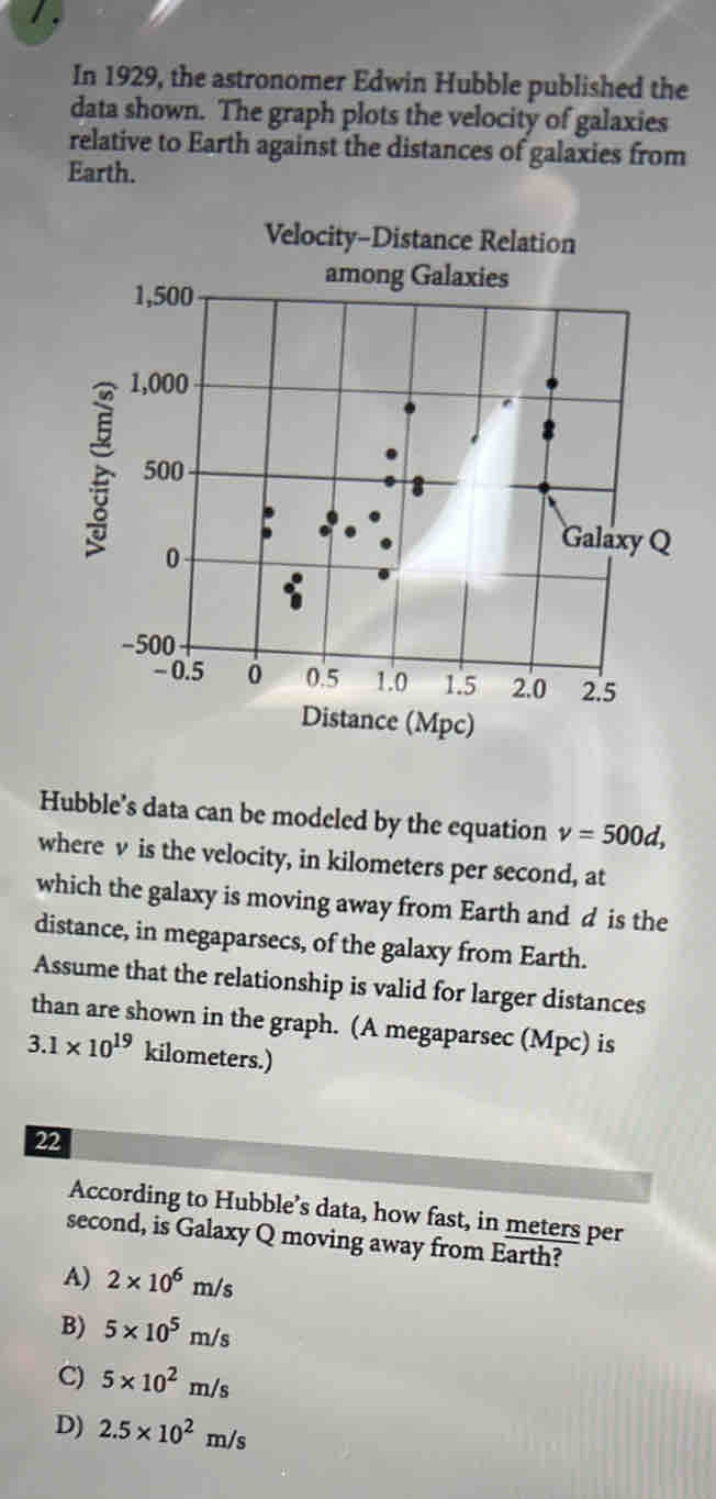 Solved: In 1929, the astronomer Edwin Hubble published the data shown ...