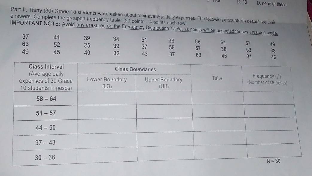 C. 19 D. none of these
Part II. Thirty (30) Grade 10 students were asked about their average daily expenses. The following amounts (in pesus) are their
answers. Complete the grouped frequency table (20 points - 4 points each row)
IMPORTANT NOTE: Avoid any erasures on the Frequency Distributio