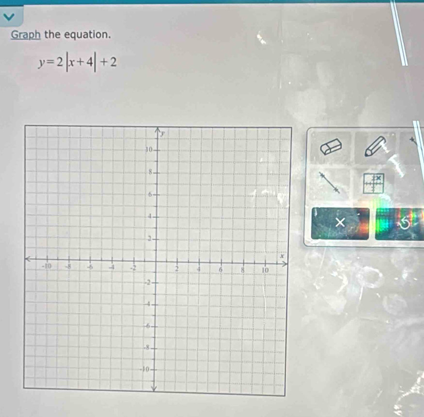 Graph the equation.
y=2|x+4|+2
×