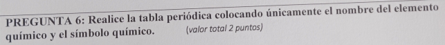 PREGUNTA 6: Realice la tabla periódica colocando únicamente el nombre del elemento 
químico y el símbolo químico. (valor total 2 puntos)