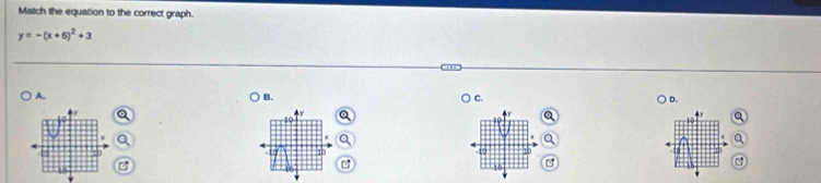 Match the equation to the correct graph.
y=-(x+6)^2+3
A. 
B. D. 
) C. 
r
10
40
1