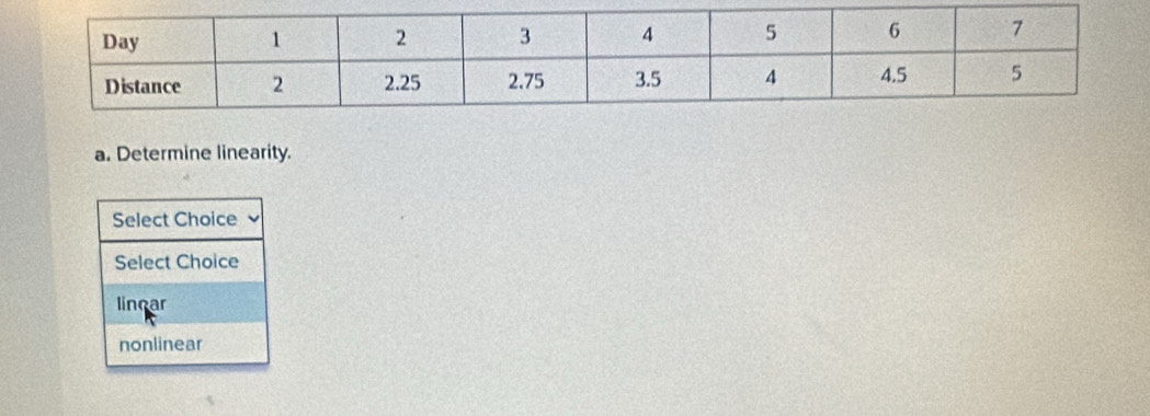 Determine linearity.
Select Choice
Select Choice
linear
nonlinear