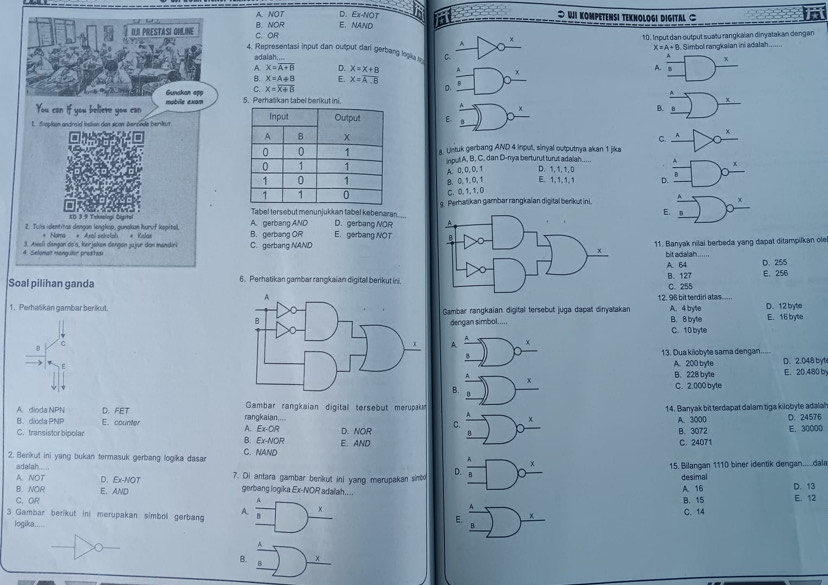 A. NOT D. Ex-NOT * Wi KoMPeTeNsi TEKnologi DIGitAl ∞
UUI PRESTASI ONLINE C. OR B.NOR E. NAND
10. Input dan output suatu rangkaian dinyatakan dengan
X=A+B
adalah..  Simbol rangkaian ini adalah.
4. Representasi input dan output dari gerbang logia C. A.
A. X=overline A+B D. x=x+8
B. X=A+B E. X=overline A,B a
Gunakan app C. X=overline X+B
D.
You can if you believe you can mobile exam 5. Perhašikan tabel berikut ini
_x
χ
B.
1. Siapkan android Islian dan scaw bercøde berilart E
C.
a. Untuk gerbang AND 4 input, sinyal outputnya akan 1 jika
input A, B, C, dan D-nya berturut turut adalah
x
A. 0,0,0, 1 D. 1,1,1,0
C. 0, 1,1,0 B. 0, 1,0, 1 E. 1, 1, 1, 1 D.
A
ED 3.9 Tnhnelogi Digito            Tabel tersebut menunjukkan tabel kebenaran 9. Perhatikan gambar rangkaian digital berikut ini
x
E.
2. Tulis identitas dangan longkap, gunakan hurvf kopital. B. gerbang OR A. gerbang AND E. gerbang NOT D. gerbang NOR 
* Nama * Azal sakolah * Kelas 
3. Aweli dengan do'a, kerjakon dengan jajor dan mandri C. gerbang NAND
11. Banyak nilai berbeda yang dapat ditampilkan ole
4 Selomaît menguler prestesi bit adalah ......
A. 64
Soal pilihan ganda 6. Perhatikan gambar rangkaian digital berikut ini.C 255 E. 256 D. 255
B、 127
12. 96 bit terdiri atas......
1. Perhaškan gambar berikut.Gambar rangkaian digital tersebut juga dapat dinyatakan A. 4 byte B. 8 byte E.16 byte D. 12 byte
dengan simbol.....
C. 10 byte
A x
13. Dua kilobyte sama dengan
cA. 200 byte E. 20.480 by D. 2.048 byt
B. 228 byte
x
B.
C. 2.000 byte
n
FET
Gambar rangkaian digital tersebut merupaka
B. dioda PNP rangkaian.... 14. Banyak bit terdapat dalam tiga kilobyte adala!
A. dioda NPN D. E. counter A. Ex· OR
A. 3000
C.transistor bipolar D. NOR C. χ D. 24576 E. 30000
B
B. 3072
B. Ex-NOR E. AND C. 24071
2. Berikut ini yang bukan termasuk gerbang logika dasar C. NAND
adalah
x
A. NOT D. Ex-NOT 7. Di antara gambar berikut ini yang merupakan simbo D. 15. Bilangan 1110 biner identik dengan.....dala
B. NOR E. AND gerbang logika Ex-NOR adalah. A. 16 desimal D. 13
C. OR B. 15 E. 12
3 Gambar berikut ini merupakan simboll gerbang A. x E.
C.14
logika..
B. 6 x