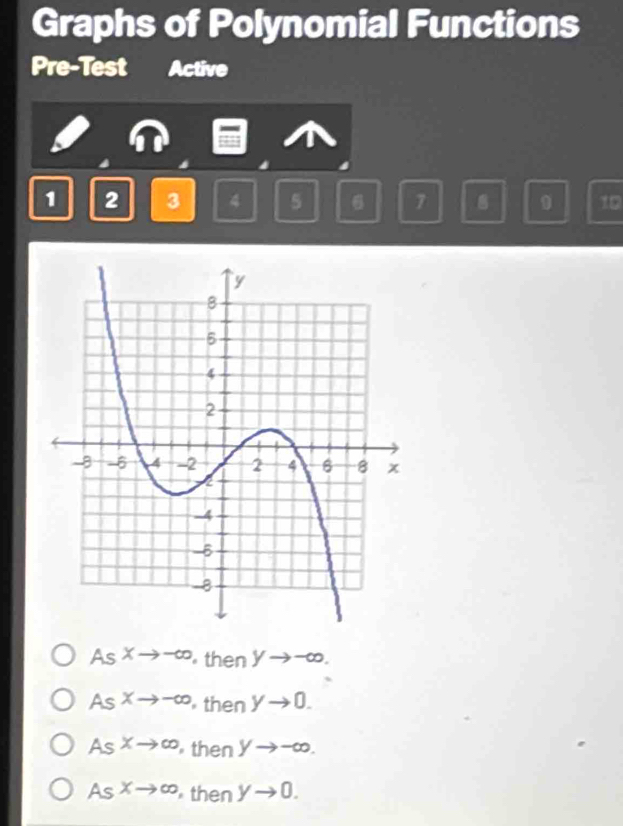 Graphs of Polynomial Functions
Pre-Test Active
1 2 3 4 5 6 7 B 10
As Xto -∈fty then yto -∈fty.
a S xto -∈fty then yto 0.
AS xto ∈fty then yto -∈fty.
AsXto ∈fty then yto 0.