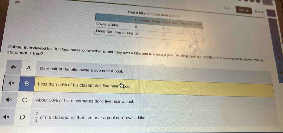 of 9 Next、 ⑤ 02 06
statement is true?
Gabriel interviewed his 30 classmates on whether or not they own a bike and live near a pool. He displayed his results in the two-way table shown. Which
× A Over half of the bike owners live near a pool.
Less than 55% of his classmates live near S pool.
C About 50% of his classmates don't live near a pool.
D  2/3  of his classmates that live near a pool don't own a bike.