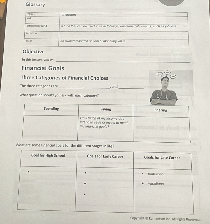 Glossary 
Objective 
In this lesson, you will_ 
Financial Goals 
Three Categories of Financial Choices 
The three categories are_ _and_ 
What question should you ask with each category? 
l goals for the different stages in life? 
Copyright © Edmentum Inc. All Rights Reserved.