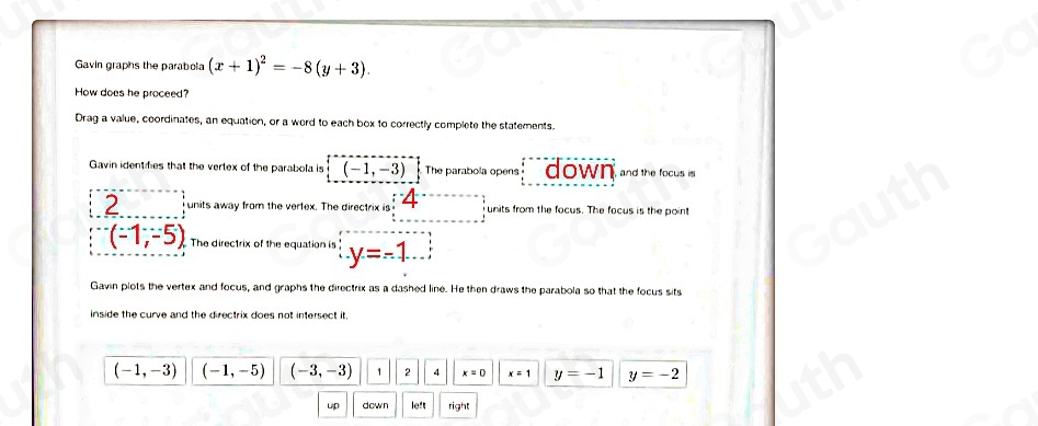 Solved: Gavin graphs the parabola (x+1)^2=-8(y+3). How does he proceed ...