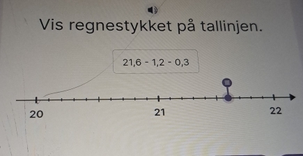 Vis regnestykket på tallinjen.
21,6-1,2-0,3