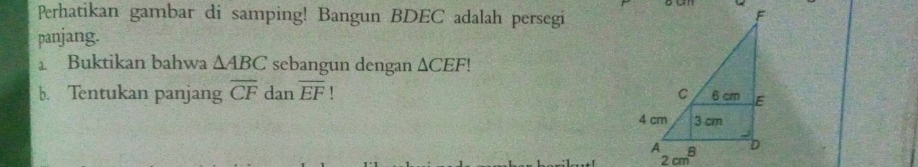 Perhatikan gambar di samping! Bangun BDEC adalah persegi 
panjang. 
a Buktikan bahwa △ ABC sebangun dengan △ CEF U 
b. Tentukan panjang overline CF dan overline EF