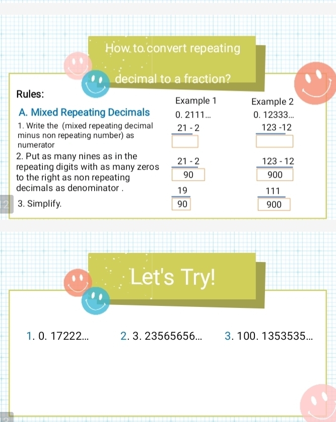 Solved: How to convert repeating . decimal to a fraction? Rules ...