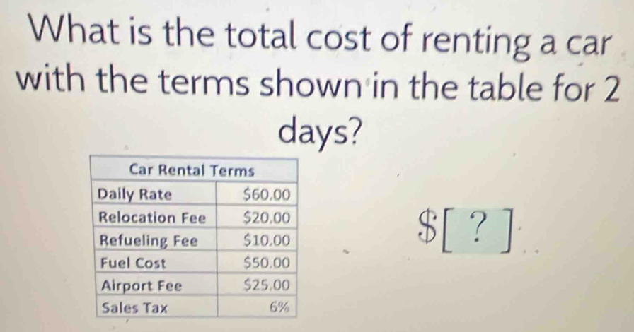 What is the total cost of renting a car 
with the terms shown in the table for 2
days?
[?]