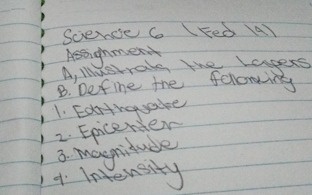 Science G (Eed a 
Assignment 
A, lustray the Lagers 
B. Define the following 
1. Eartnouake 
2. Epicerter 
3. magnicude 
14. Intensity