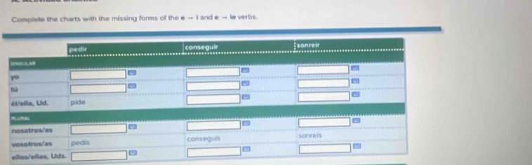 Complete the charts with the missing forms of the e → I and e → le verbs.