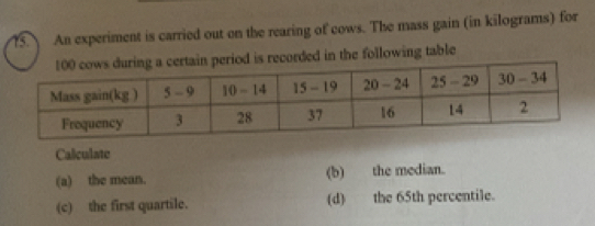 ?5. An experiment is carried out on the rearing of cows. The mass gain (in kilograms) for 
period is recorded in the following table 
Calculate 
(a) the mean. (b) the median. 
(c) the first quartile. (d) the 65th percentile.