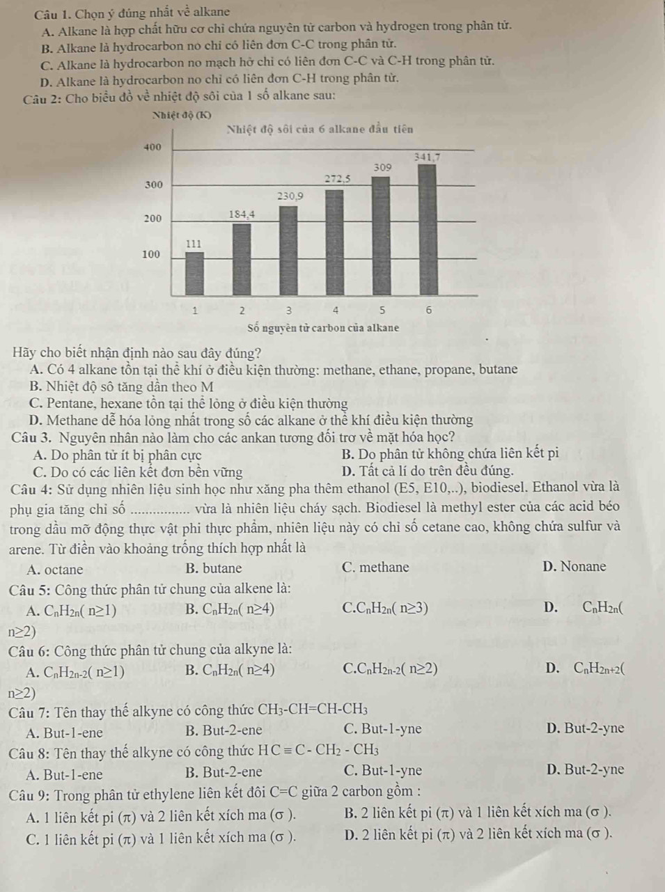 Chọn ý đúng nhất về alkane
A. Alkane là hợp chất hữu cơ chỉ chứa nguyên tử carbon và hydrogen trong phân tử.
B. Alkane là hydrocarbon no chi có liên đơn C-C trong phân tử.
C. Alkane là hydrocarbon no mạch hở chỉ có liên đơn C-C và C-H trong phân tử.
D. Alkane là hydrocarbon no chỉ có liên đơn C-H trong phân từ.
Câu 2: Cho biểu đồ về nhiệt độ sôi của 1 số alkane sau:
Hy cho biết nhận định nào sau đây đúng?
A. Có 4 alkane tồn tại thể khí ở điều kiện thường: methane, ethane, propane, butane
B. Nhiệt độ sô tăng dần theo M
C. Pentane, hexane tồn tại thể lỏng ở điều kiện thường
D. Methane dễ hóa lỏng nhất trong số các alkane ở thể khí điều kiện thường
Câu 3. Nguyên nhân nào làm cho các ankan tương đối trơ về mặt hóa học?
A. Do phân tử ít bị phân cực B. Do phân tử không chứa liên kết pi
C. Do có các liên kết đơn bền vững D. Tất cả lí do trên đều đúng.
Câu 4: Sử dụng nhiên liệu sinh học như xăng pha thêm ethanol (E5,E10,...) , biodiesel. Ethanol vừa là
phụ gia tăng chi số _vừa là nhiên liệu cháy sạch. Biodiesel là methyl ester của các acid béo
trong dầu mỡ động thực vật phi thực phẩm, nhiên liệu này có chỉ số cetane cao, không chứa sulfur và
arene. Từ điền vào khoảng trống thích hợp nhất là
A. octane B. butane C. methane D. Nonane
Câu 5: Công thức phân tử chung của alkene là:
A. C_nH_2n(n≥ 1) B. C_nH_2n(n≥ 4) C.C_nH_2n(n≥ 3) D. C_nH_2n(
n≥ 2)
Câu 6: Công thức phân tử chung của alkyne là:
A. C_nH_2n-2(n≥ 1) B. C_nH_2n(n≥ 4) C. C_nH_2n-2(n≥ 2) D. C_nH_2n+2(
n≥ 2)
Câu 7: Tên thay thế alkyne có công thức CH_3-CH=CH-CH_3
A. But-1-ene B. But-2-ene C. But-1-yne D. But-2-yne
Câu 8: Tên thay thế alkyne có công thức HCequiv C-CH_2-CH_3
A. But-1-ene B. But-2-ene C. But-1-yne D. But- 2 -yne
Câu 9: Trong phân tử ethylene liên kết đôi C=C giữa 2 carbon gồm :
A. 1 liên kết pi(π ) và 2 liên kết xích ma (σ ). B. 2 liên kết pi(π ) và 1 liên kết xích ma (σ ).
C. 1 liên kết pi(π ) và 1 liên kết xích ma (σ ). D. 2 liên kết pi(π ) và 2 liên kết xích ma (σ ).