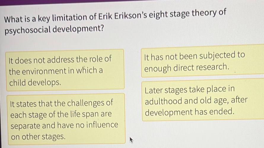 Solved: What is a key limitation of Erik Erikson’s eight stage theory ...